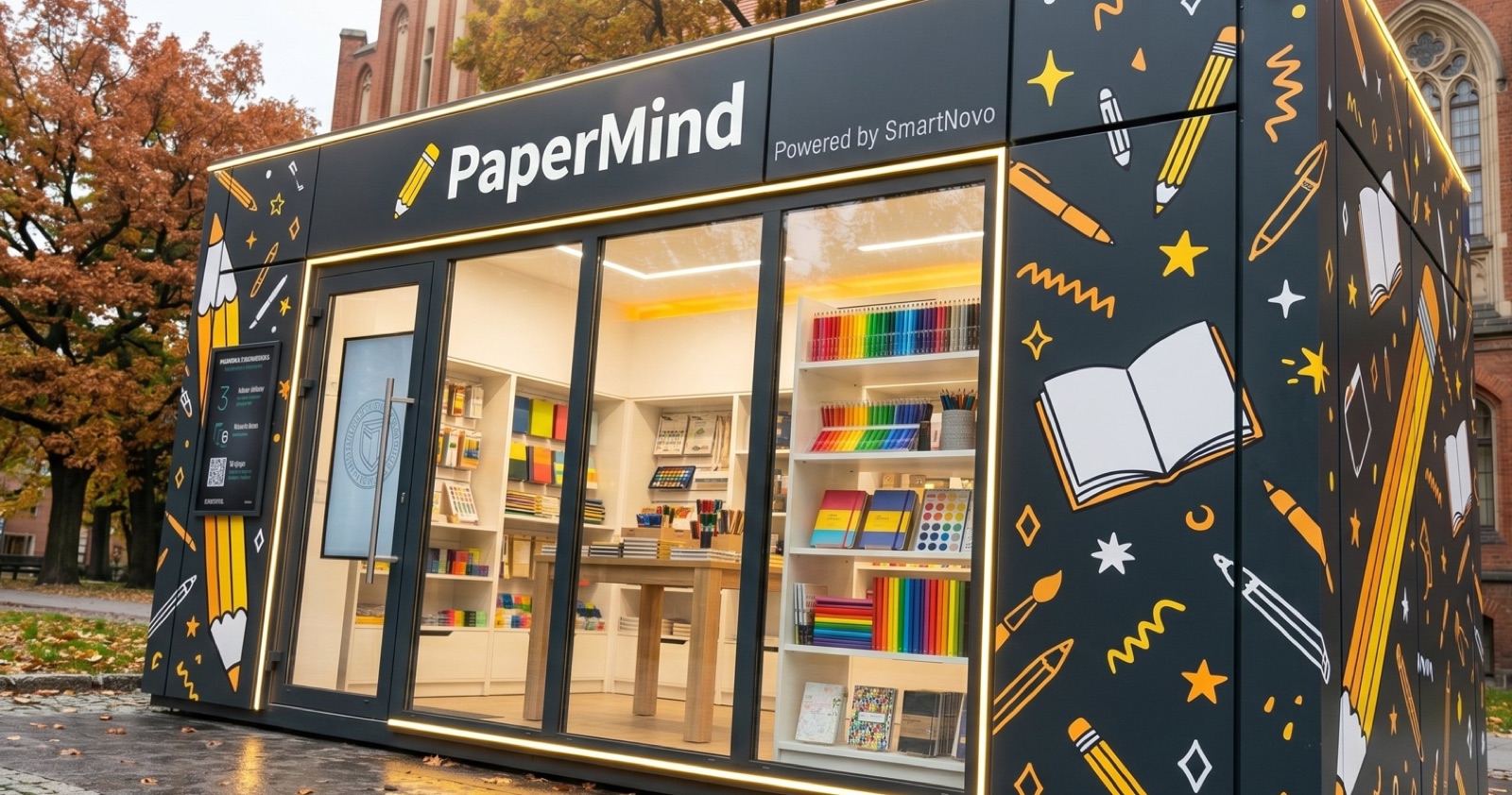 PaperMind stationery unit outside a school